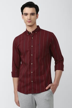 Men Maroon Slim Fit Stripe Full Sleeves Casual Shirt