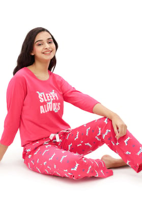 ZEYO Women's Cotton Pink Dog Animal & Heart Printed Night suit set