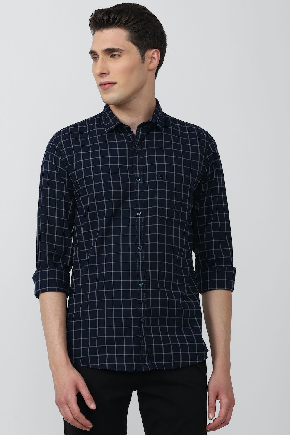 Men Navy Slim Fit Check Full Sleeves Casual Shirt