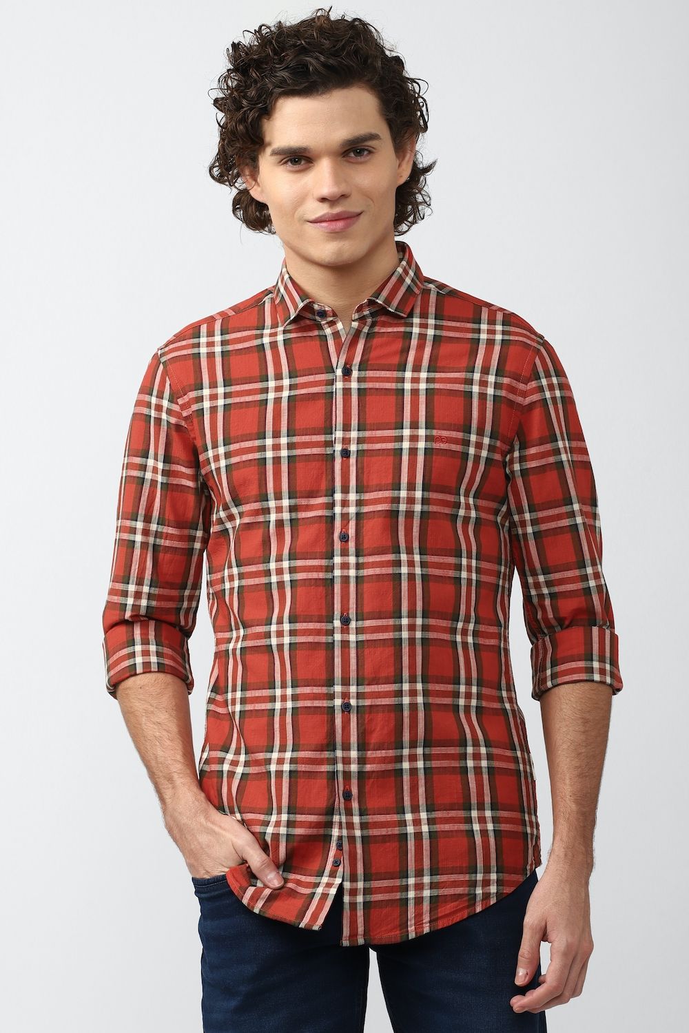 Men Red Super Slim Fit Check Full Sleeves Casual Shirt