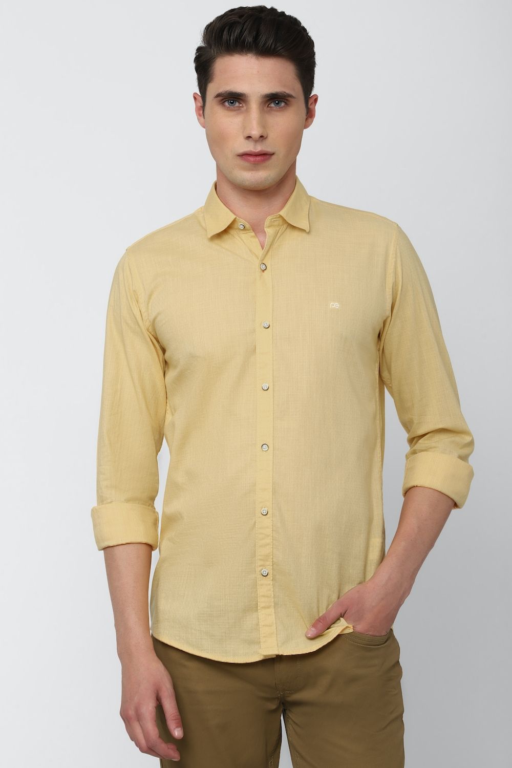 Men Yellow Slim Fit Solid Full Sleeves Casual Shirt