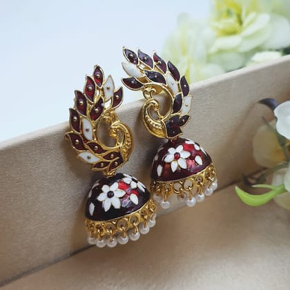 Fresh Purple Minakari Peacock Designer Earrings (Maroon)