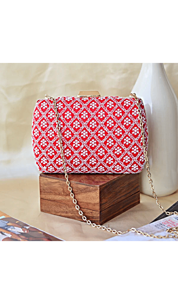 Red Chikankari Clutch