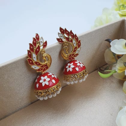 Fresh Purple Pretty Red Color Minakari Peacock Designer Earrings