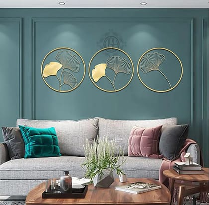 Metal Round Shaped Beautiful Leaf Wall Decor Wall Arts Perfect For Living Room Hotel Restaurant Bedroom Drawing Room. (Set Of -3)