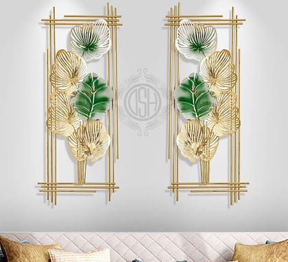 Metal Wall Decor Sculpture Leaf Framed (Set Of -2) Wall Art Gold & Green Rectangle Shape For Decoration