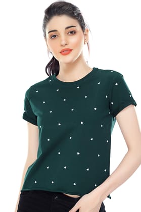 Zeyo Women Cotton Bottle Green Heart Printed Short Sleeve Crop Top