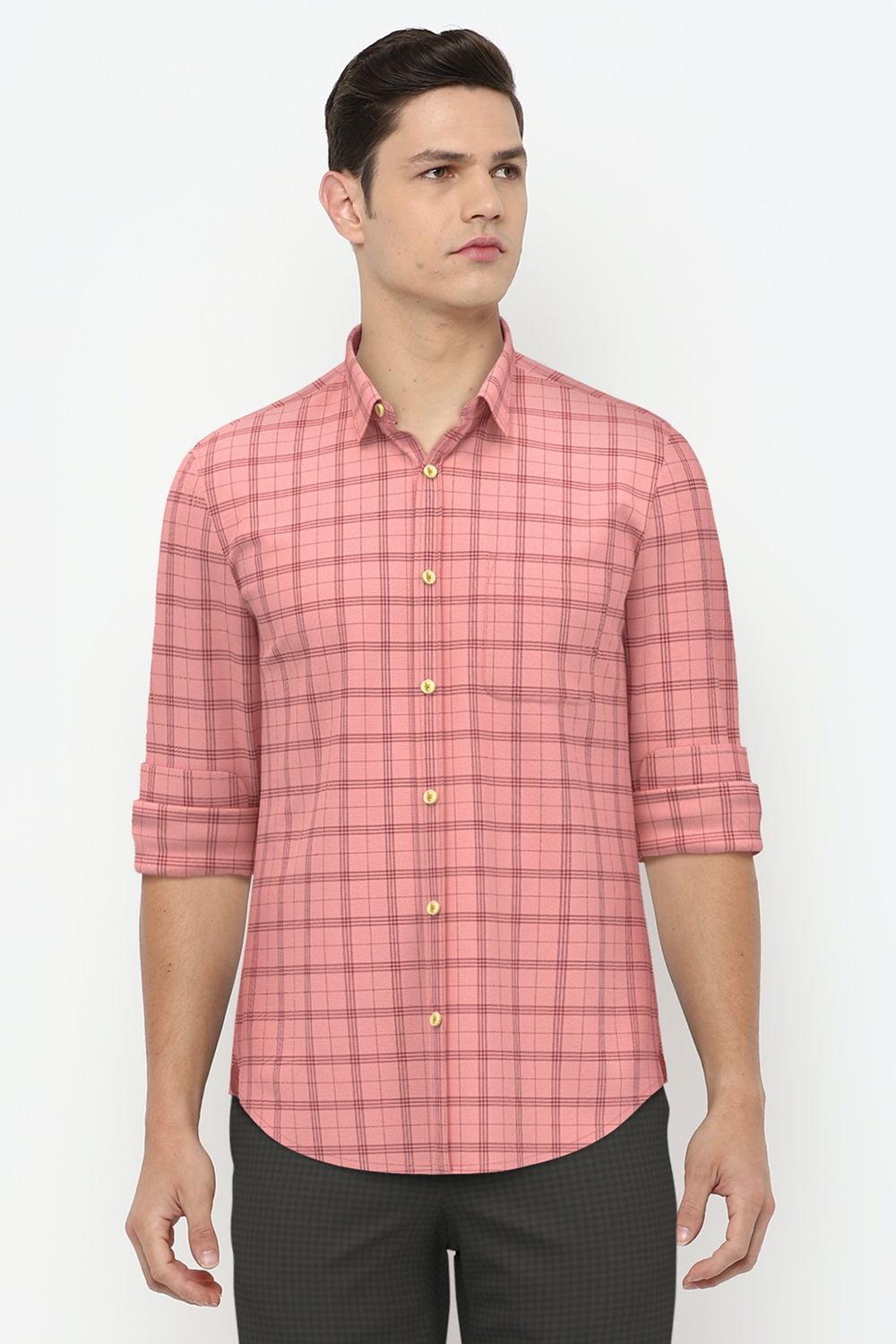 Men Pink Slim Fit Check Full Sleeves Casual Shirt