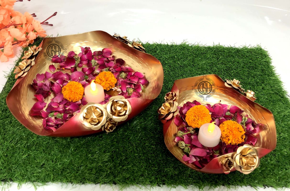 Urli Bowl for Floating Flowers and Candles (Red and Gold) - Set of 2