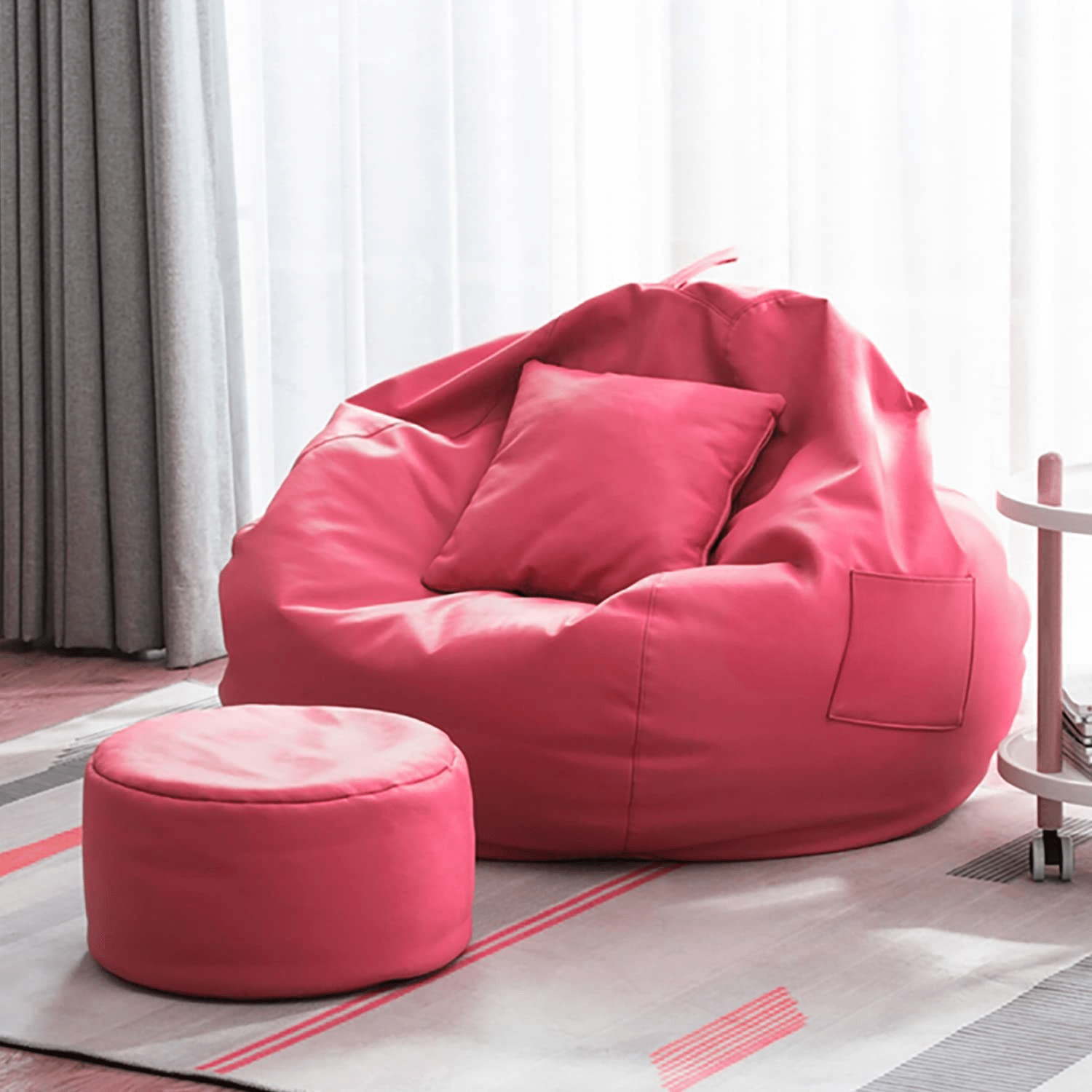 Ink Craft Ultimate Comfort Trio: 3XL Bean Bag, Round Footstool & Cushion Set in Pink Faux Leather - Beans Not Included, Complete with Matching Covers