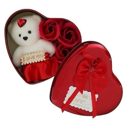 Delice Au Chocolate Heart Shaped Gift Box White Teddy Bear, and 3 Red Roses- Gift for Husband, Wife, Girlfriend, Boyfriend - Suitable for Teddy Day