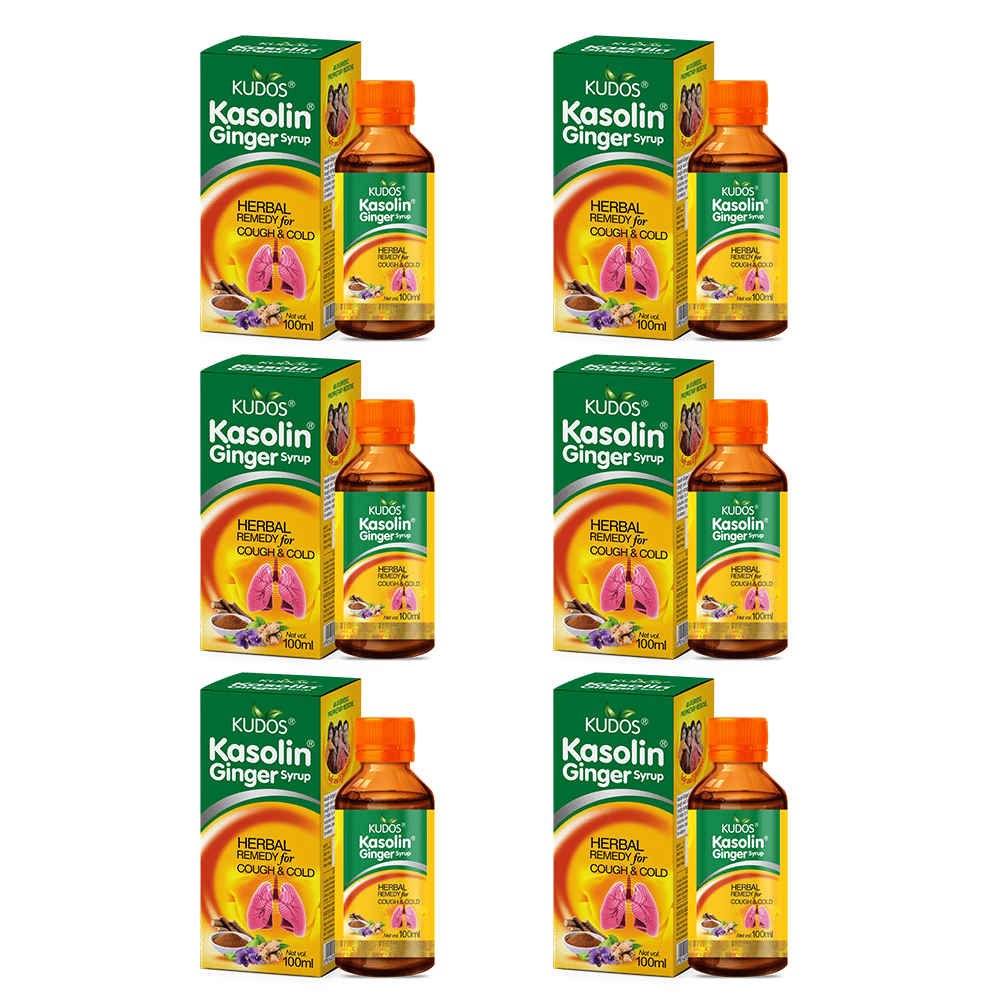 Kudos Kasolin Ginger Syrup | Ayurvedic Medicine for Cough & Sore Throat Relief | 100 ml | Pack of 6