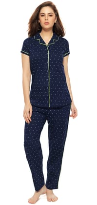 ZEYO Women's Cotton Navy Blue & Green Triangle Printed Stylish Night suit set