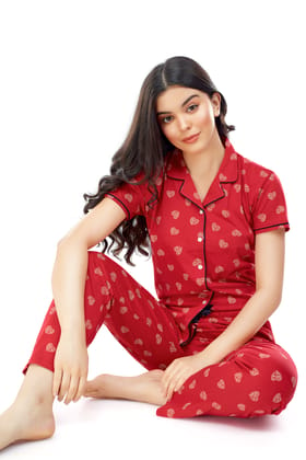 ZEYO Women's Cotton Red Heart Printed Stylish Night suit set