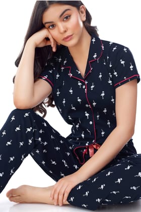 ZEYO Women's Cotton Navy Blue Flamingo Printed Stylish Night suit set