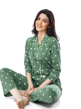 ZEYO Women's Cotton Green Heart Printed Stylish Night suit set