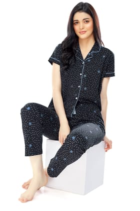 ZEYO Women's Cotton Navy Blue Star & Dot Printed Stylish Night suit set