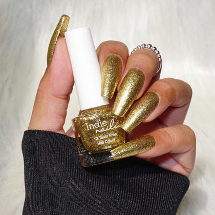 Indie Nails Bling Bling is Free of 12 toxins vegan cruelty-free quick dry glossy finish chip Golden Glitter Colour shade Nail polish, enamel, lacquer, paint Liquid: 5 ml