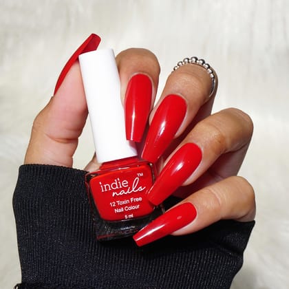 Indie Nails Blood Rush is Free of 12 toxins vegan cruelty-free quick dry glossy finish chip resistant. Red Colour shade Nail polish, enamel, lacquer, paint Liquid: 5 ml