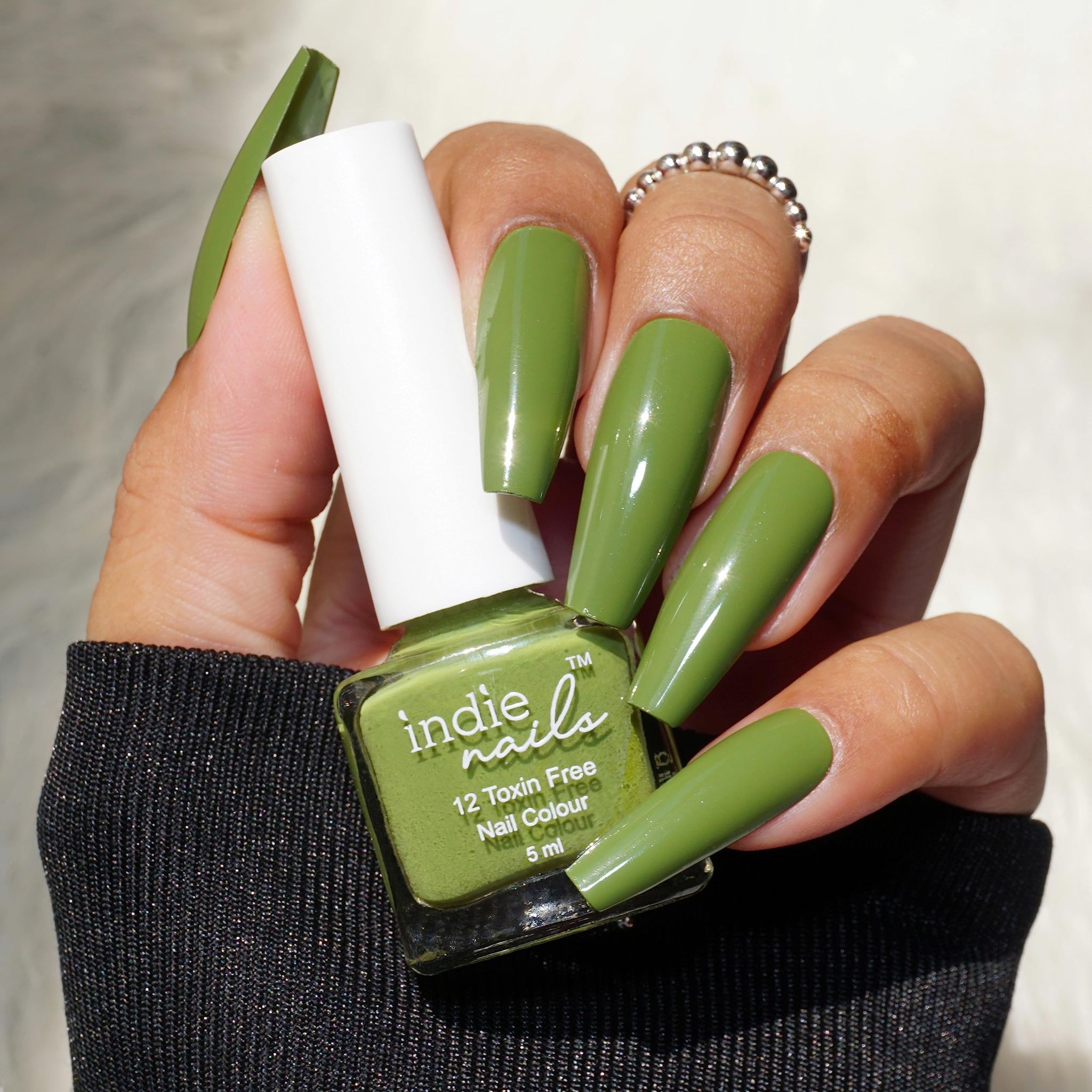 Indie Nails Groovy Olive is Free of 12 toxins vegan cruelty-free quick dry glossy finish chip resistant. Olive Green Colour shade Nail polish, enamel, lacquer, paint Liquid: 5 ml