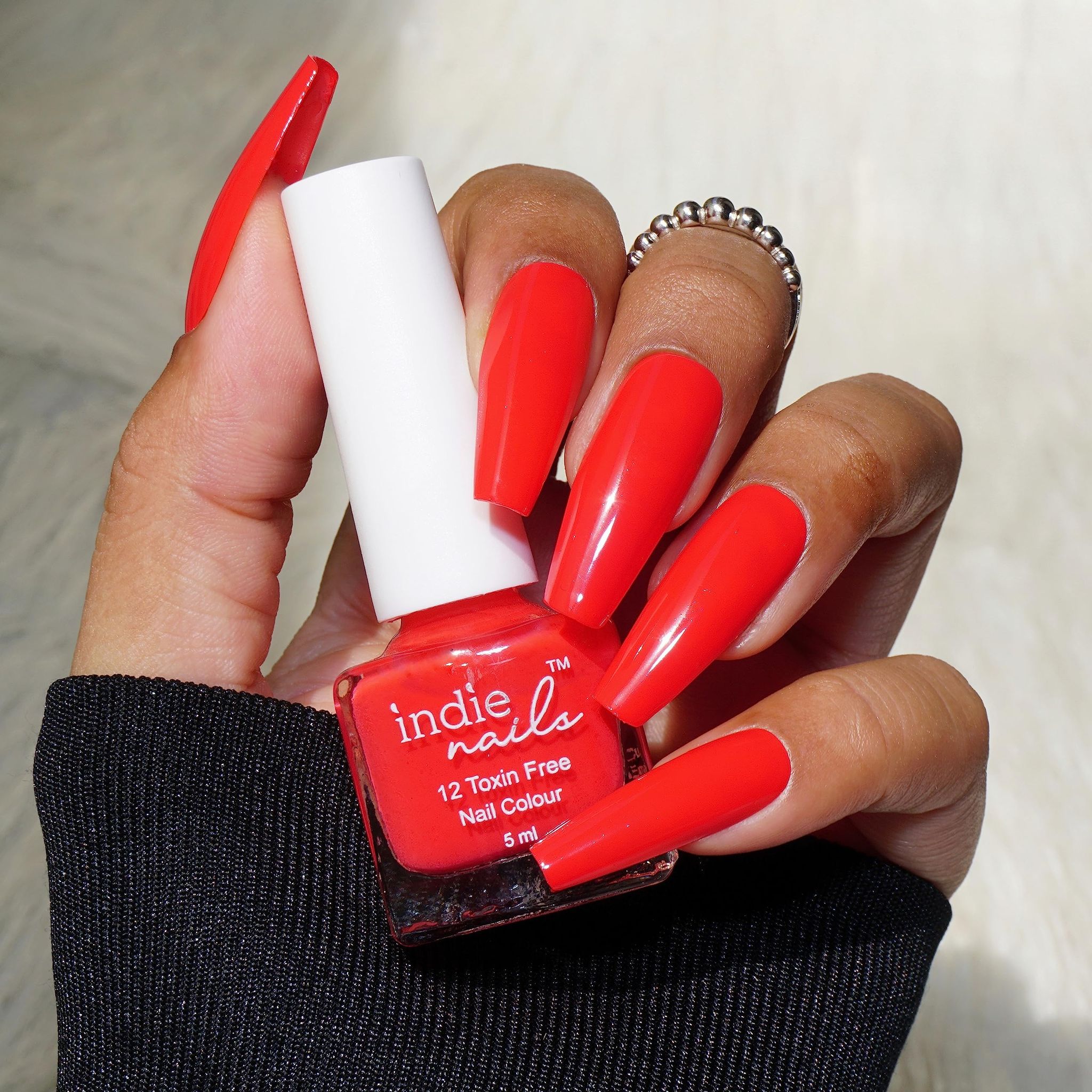 Indie Nails Tomatina is Free of 12 toxins vegan cruelty-free quick dry glossy finish chip resistant. Bright Red shade Nail polish, enamel, lacquer, paint Liquid: 5 ML