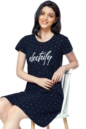 ZEYO Women Cotton Night Dress Navy Blue Flash Print Short Nighty