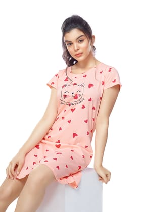 ZEYO Women Cotton Night Dress Pink Heart Print Short Nighty