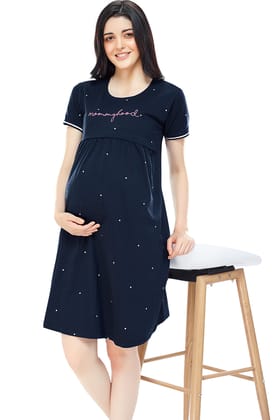 ZEYO Women Cotton Navy Blue Dot Print Maternity & Feeding Night Dress