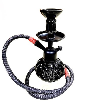 Puff King Glass Hookah Pot Black Kharbooza Shaped with Black Stem (10 Inches)