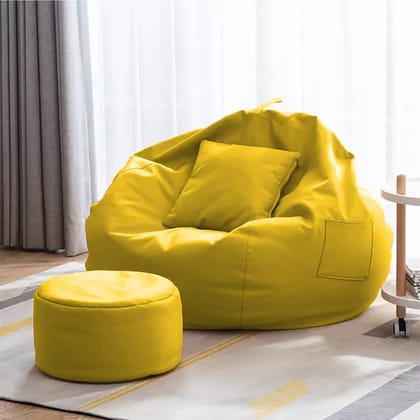 Ink Craft 3XL Bean Bag, Round Footstool & Cushion Set in Sunny Yellow Faux Leather - Beans Not Included, Complete Comfort Package for Radiant Relaxation