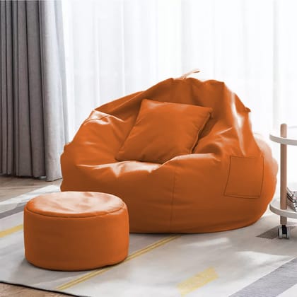 Ink Craft Tangerine Dream Trio: 3XL Bean Bag, Round Footstool & Cushion Set in Zesty Orange Faux Leather - Beans Not Included, Complete Relaxation Package for Vibrant Comfort