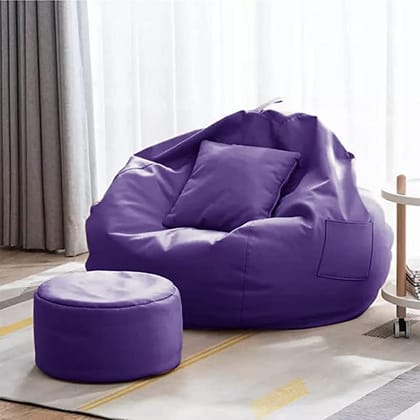 Ink Craft Royal Purple Retreat: 3XL Bean Bag, Round Footstool & Cushion Set in Lavish Plum Faux Leather - Beans Not Included, Complete Luxury Collection for Elegant Comfort