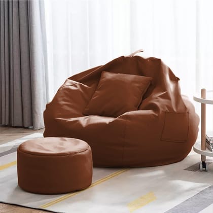 Ink Craft 3XL Bean Bag, Round Footstool & Cushion Set in Tan Faux Leather - Beans Not Included, Complete Relaxation Package for Neutral Elegance