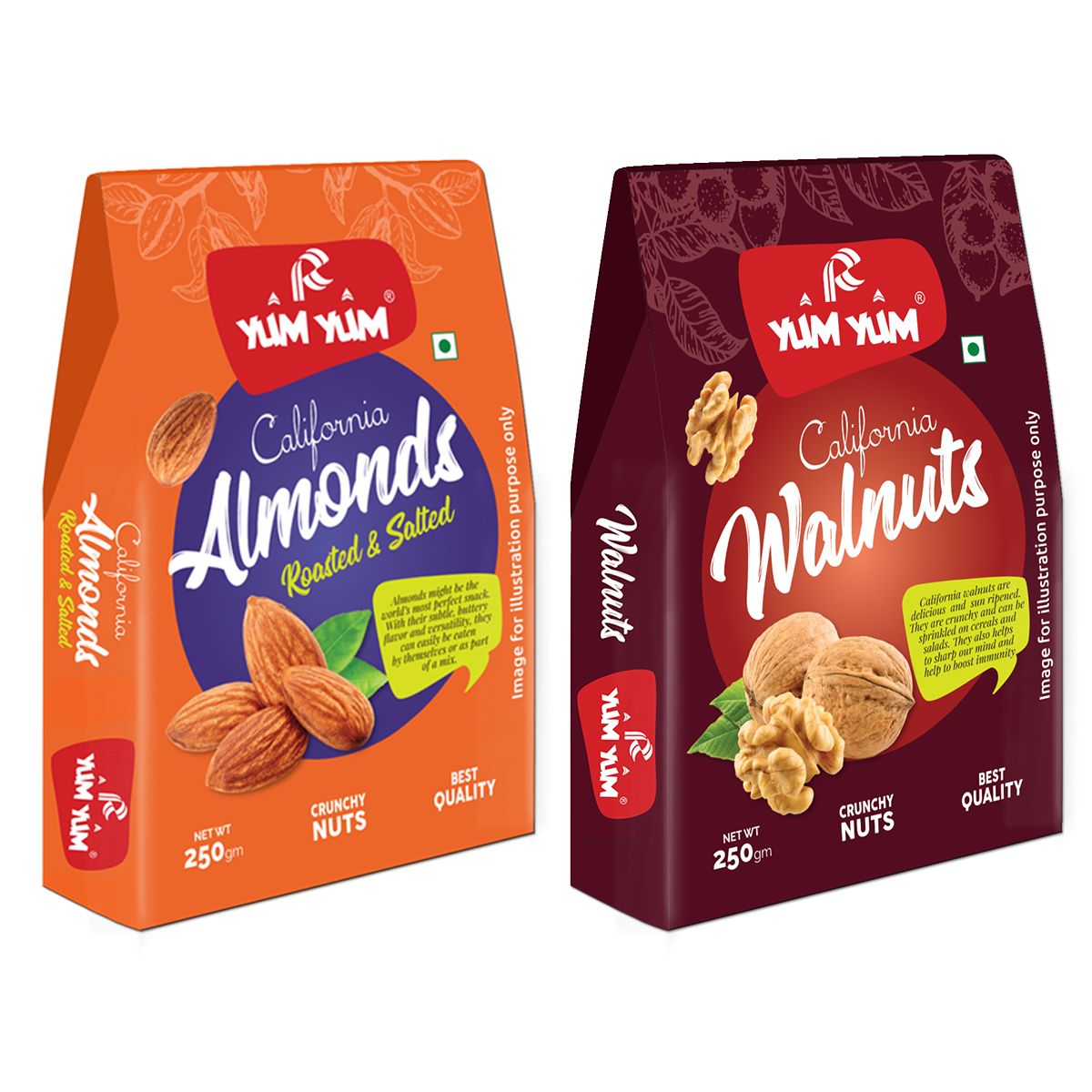 Yum Yum Roasted Almonds & Walnut Kernels(Akhrot Giri)  500g (2 x 250g)