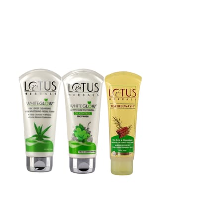 Lotus Herbals WhiteGlow 3-In-1 Deep Cleansing Skin Whitening Facial Foam (100g) + Lotus Herbals WhiteGlow Active Skin Whitening + Oil Control Face Wash (100g) +Lotus Herbals Tea Tree & Cinnamon Anti-Acne Oil Control Face Wash (120g) Pack of 3