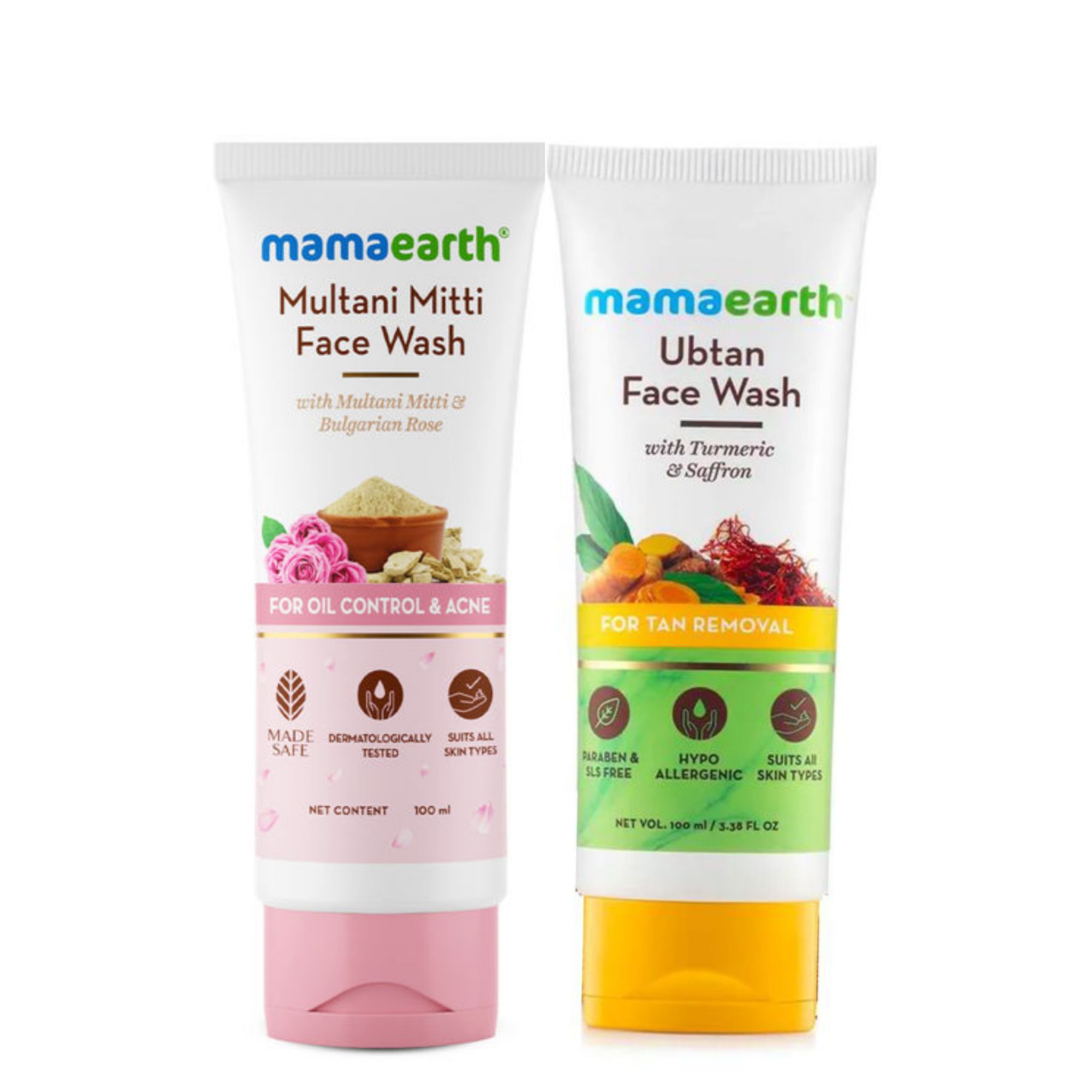Mamaearth Multani Mitti Face Wash (100 ml) + Mamaearth Ubtan Face Wash With Turmeric & Saffron For Tan Removal (100 ml) Pack of 2