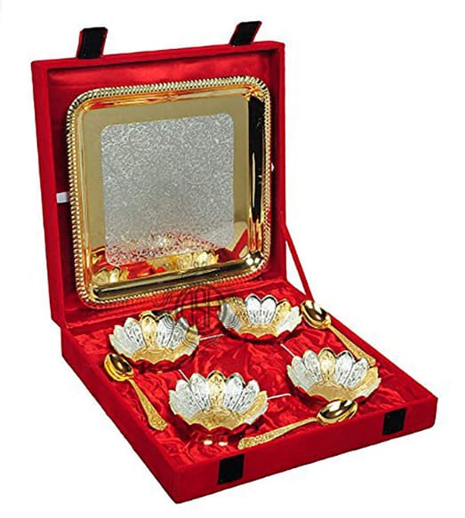 Silver and Gold Plated Kamal Bowl Set with Spoon and Tray for Wedding Anniversary Gift Item with Velvet Box-Set of 9