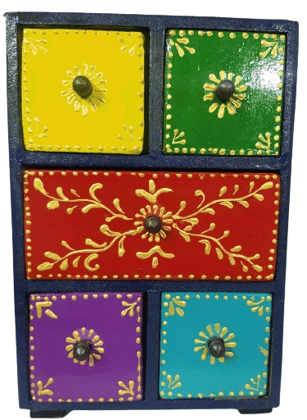 Art & Craft Creations Rajasthani Art Wooden Table with 5 Drawers Handpainted Colourful Side Table for Room & Office