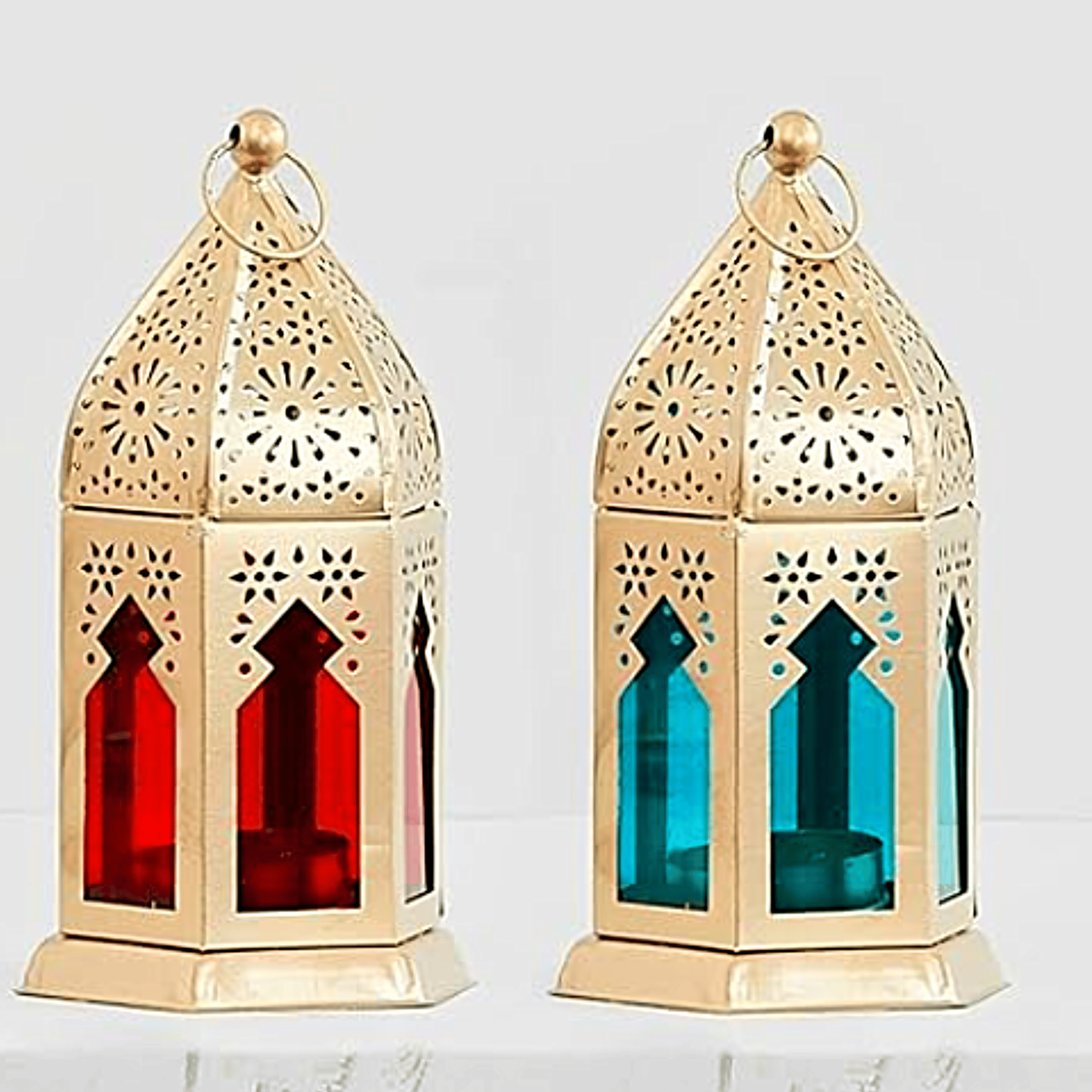 PALMY Antique Collection Decorative Hanging Lantern/Lamp with t-Light Candle, Set of 2 (Size 10X10X17 cm) (Gold-Multi Glass)