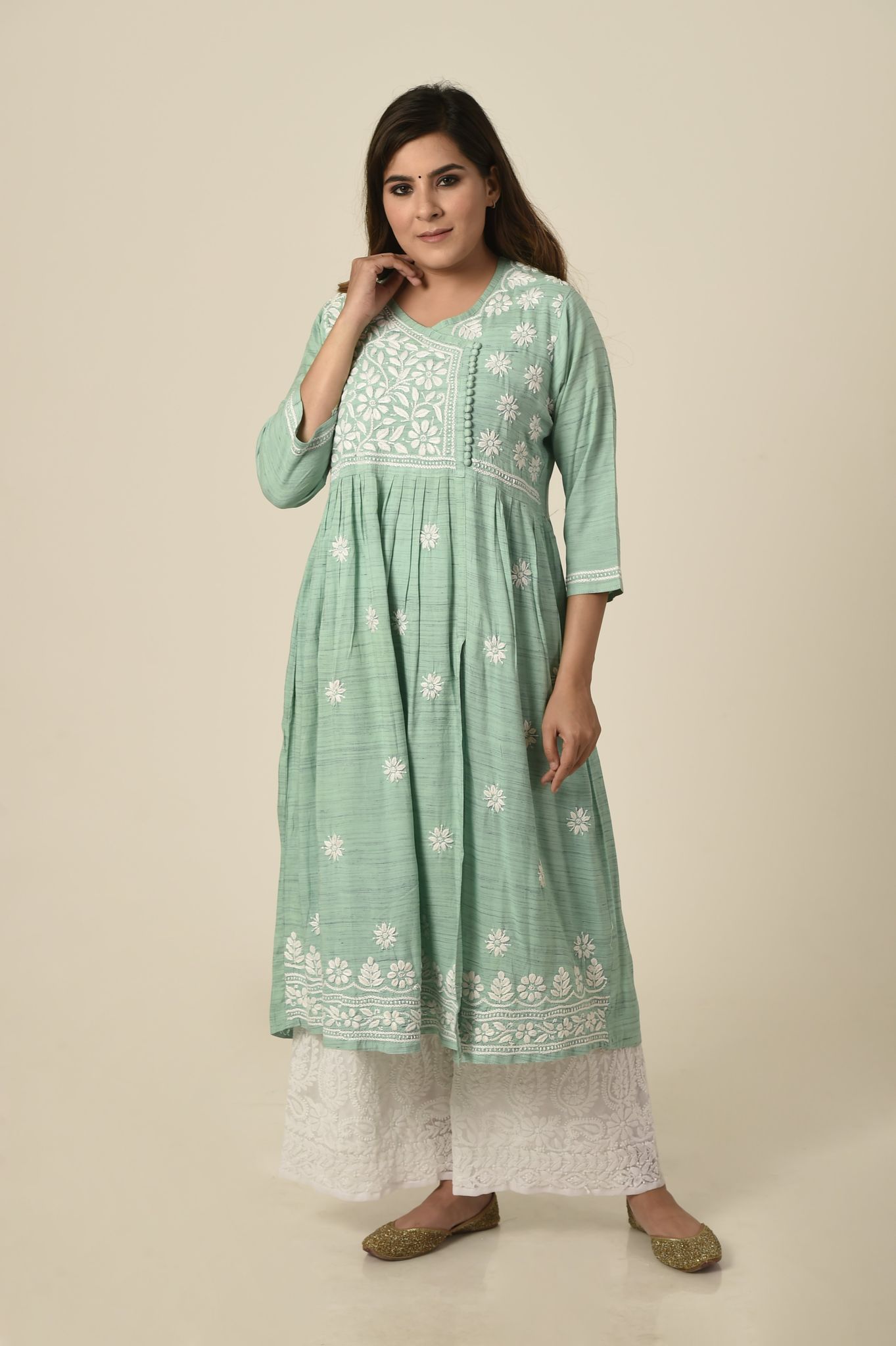 Ladies New Fashion Hand Chikankari Kurti Light Green