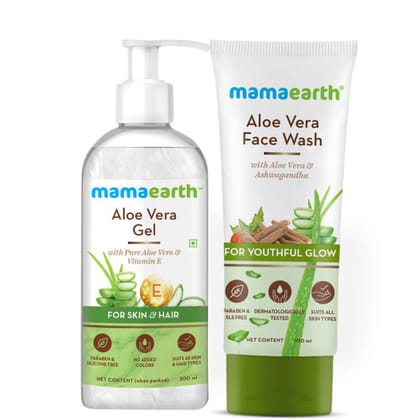 Mamaearth Aloe Vera Gel With Pure Aloe Vera & Vitamin E For Skin and Hair (300 ml) + Mamaearth Aloe Vera Face Wash With Aloe Vera & Ashwagandha For A Youthful Glow (100 ml)  Pack of 2