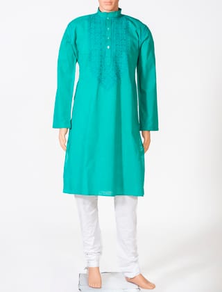 Men's New Green Colour Cotton Hand Chikankari Kurta