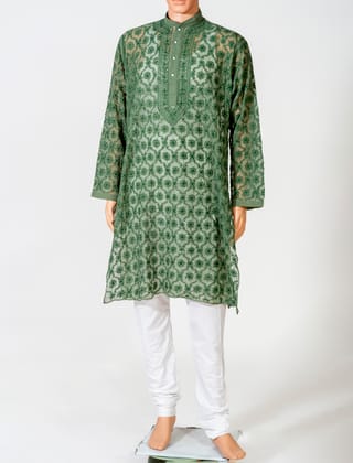 Men's New Green Colour Georgette Hand Chikankari Kurta