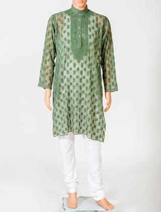 Men's New Dark Green Colour Georgette Hand Chikankari Kurta