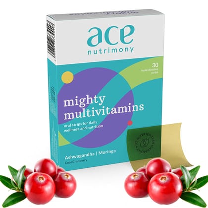 Ace Nutrimony Multivitamin for Men and Women - Cranberry Flavoured Oral Strips, With Vitamin C, Zinc, Ashwagandha & Moringa for better immunity, growth, & healthy heart, Sugar Free, Vegan - 30 Days Pack (30 Strips)