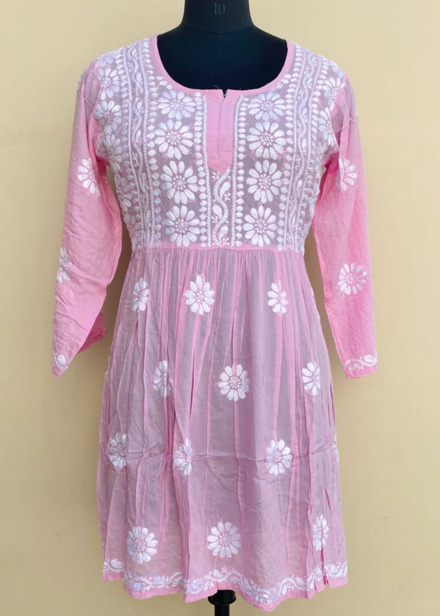 Chikankari Short Kurti Pink Mulmul Cotton Hand