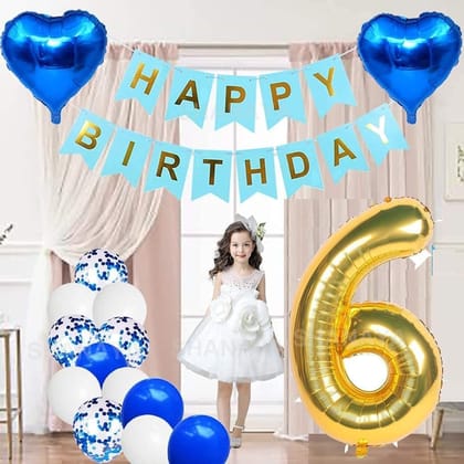 SHANAYA Happy Birthday Decorations For Girls Boys Husband Wife Combo Items Kit -42Pcs Set Blue Gold Happy Birthday Bunting Banner White Metallic Balloons Star Heart Number 6 Foil Baloons Party Supplies