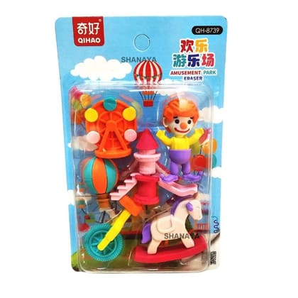 SHANAYA Pencil Eraser for Kids Cute Amusement Park Clown Ferris Wheel Horse Erasers Set Return Gifts for Girls Boys Kids Children Stationary School Items Pack of 2