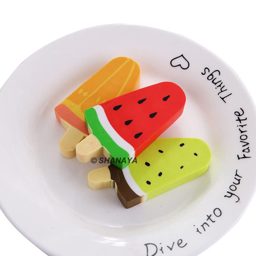 SHANAYA Eraser for Kids Ice Pop Fruit Shaped Pencil Erasers Set Return Gifts for Boys Girls Stationery School Items (Pack of 10 Erasers)