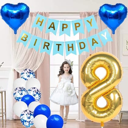 SHANAYA Happy Birthday Decorations For Girls Boys Husband Wife Combo Items Kit -42Pcs Set Blue Gold Happy Birthday Bunting Banner White Metallic Balloons Star Heart Number 8 Foil Baloons Party Supplies